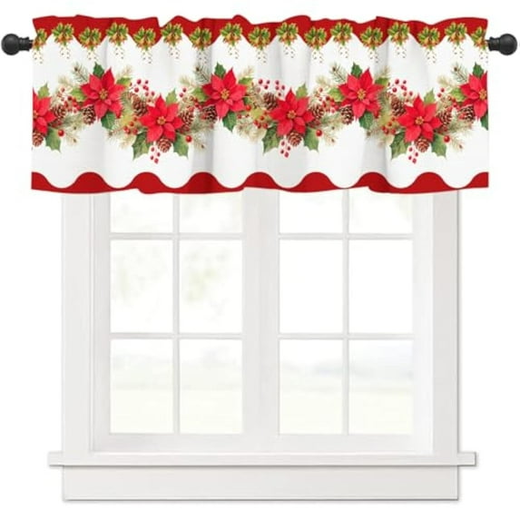 Christmas Valance Curtain for Kitchen Windows, 54x18 inch Xmas Flower Holiday Design, Rod Pocket Window Treatment for Xmas Decor, Living Room, Cafe