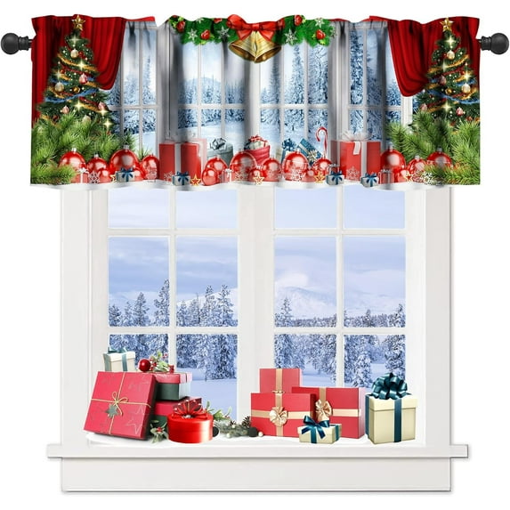 Christmas Valance Curtains for Bedroom,Gradient Abstract Christmas Tinsel Colorful Bells Winter Xmas Tree Pine Theme Short Window Treatment for Kitchen Bathroom 54x18 Inch,Red Green