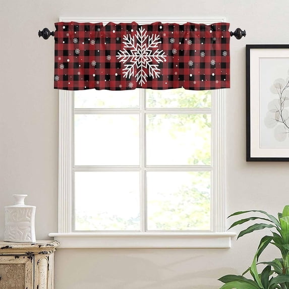 Christmas Valance Curtains for Living Room/Bedroom/Bathroom/Kitchen Window,Red Black Buffalo Plaid Check Snowflake Rod Pocket Window Valance Tiers,Winter Small Window Curtain Drape Window Panel,54x18