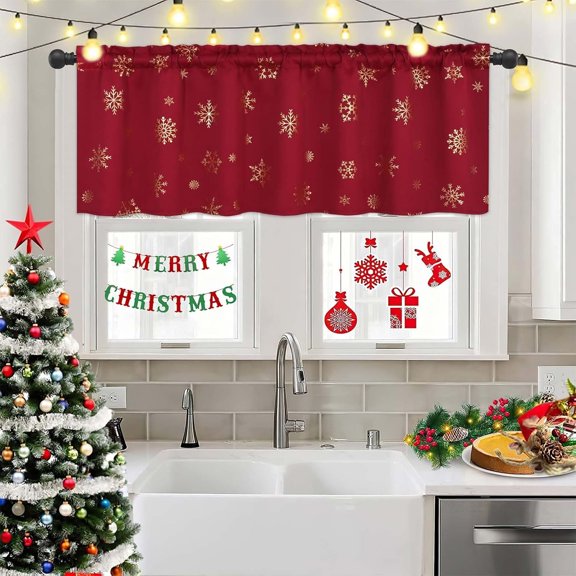 Christmas Valance for Kitchen, Gold Snowflake Foil Print Christmas Curtain Valance 18 Inch Length, Rod Pocket Red Short Curtains for Kitchen, 52" W x 18" L, 1 Panel