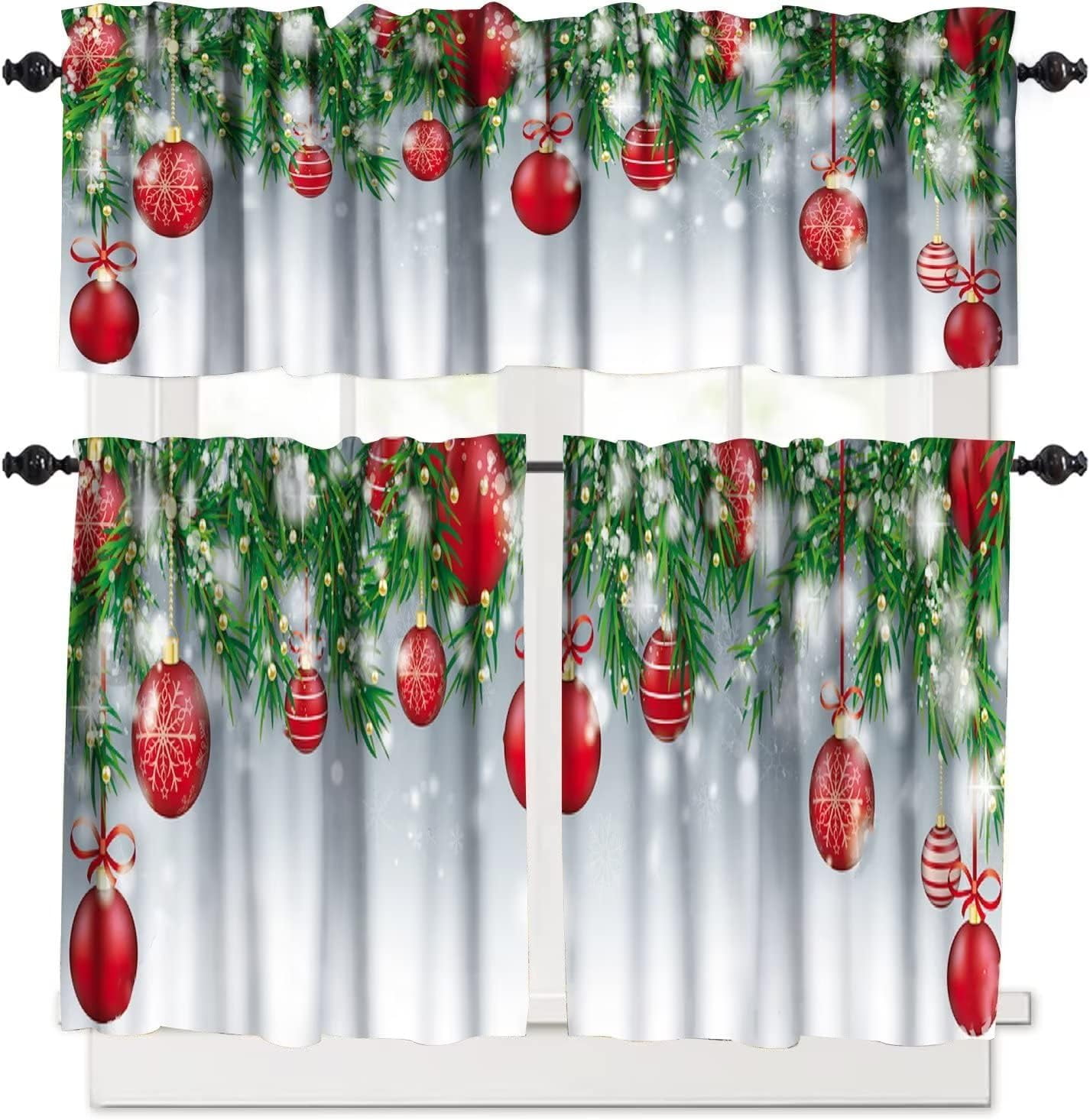 Window Pane Ribbon Christmas Christmas Valance and Tier Set, Christmas Ribbon Bells Small Half ...
