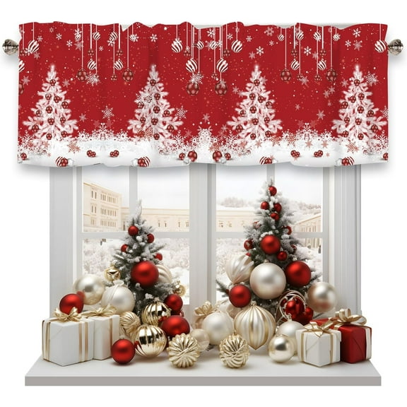 Christmas Valance for Windows,Christmas Winter Snowflakes Red Xmas Ball Ornaments White Xmas Tree Window Treatments 1 Panel Short Curtains for Kitchen Windows Bathroom Bedroom,54 x 18 Inch