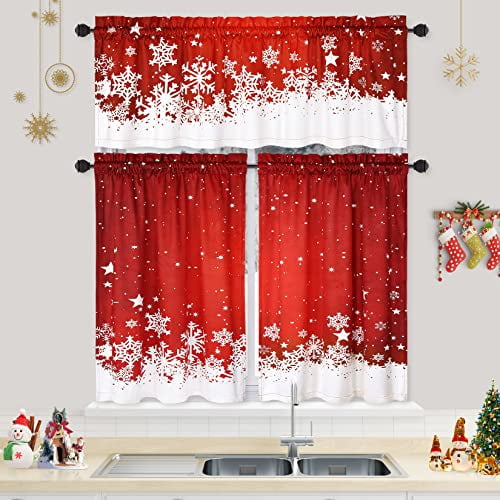 Christmas Valances for Living Room Snowflakes Cafe Curtain Light Filtering Tier Curtains Half Kitchen Curtain, Rod Pocket Window Treatment for Home Decor One Panel for Bathroom