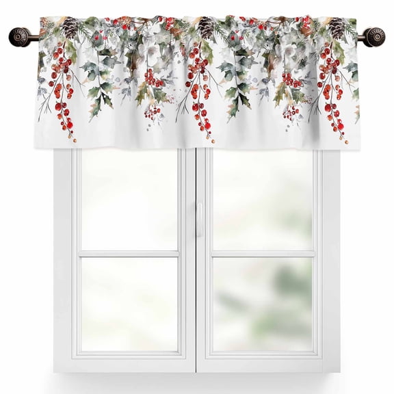 Christmas Valances for Windows, 42 x 12in, Winter Pine Leaves Pine Cones Red Berries Rod Pocket Kitchen Valance Curtain Light Filtering Window Treatments for Living Room Bedroom, 1 Panel