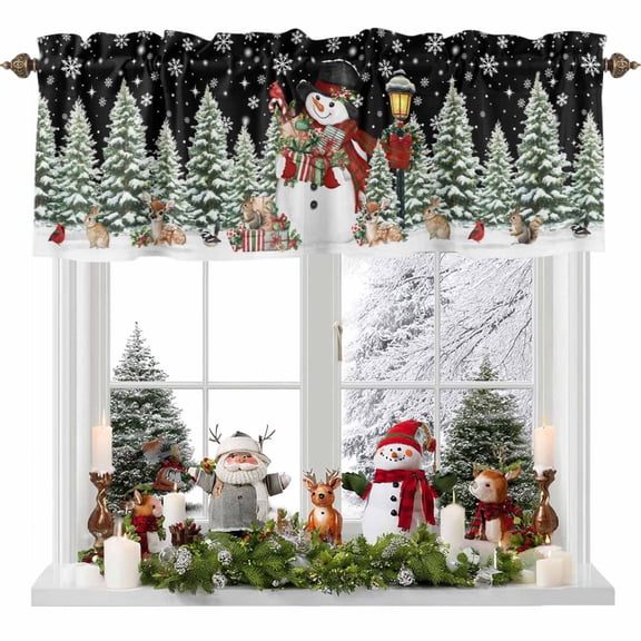Christmas Valances for Windows, 42 x 18in, Cute Hat Snowman Xmas Box Pine Trees Snow Black Rod Pocket Kitchen Valance Curtain Light Filtering Window Treatments for Living Room Bedroom, 1 Panel
