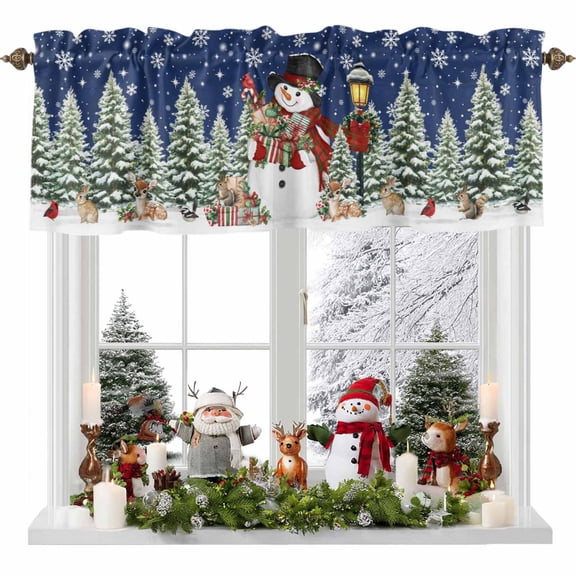 Christmas Valances for Windows, 42 x 18in, Cute Hat Snowman Xmas Box Pine Trees Snow Navy Blue Rod Pocket Kitchen Valance Curtain Light Filtering Window Treatments for Living Room Bedroom, 1 Panel