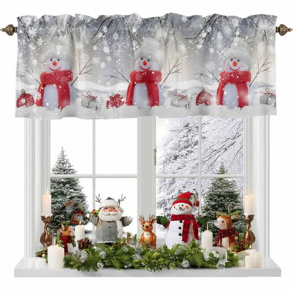 Christmas Valances for Windows, 42 x 18in, Cute Red Snowman Pine Branches Winter Snowfall Rod Pocket Kitchen Valance Curtain Light Filtering Window Treatments for Living Room Bedroom, 1 Panel