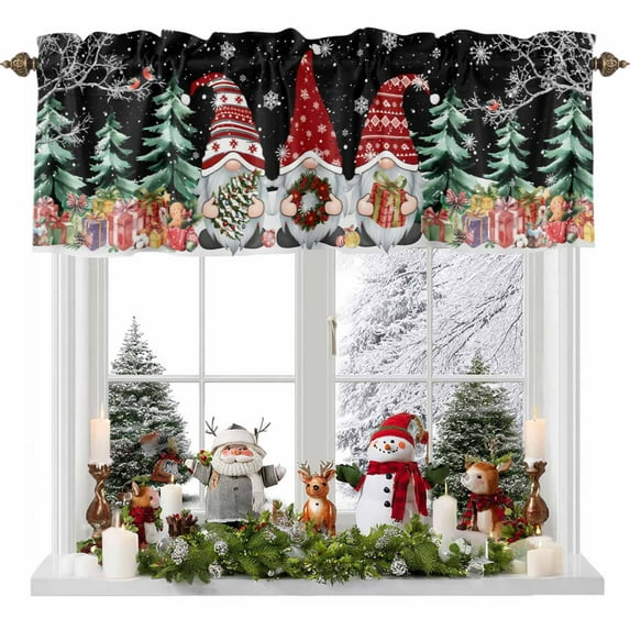 Christmas Valances for Windows, 42 x 18in, Dwarfs Snowflake Xmas Tree Bird Winter Black Rod Pocket Kitchen Valance Curtain Light Filtering Window Treatments for Living Room Bedroom, 1 Panel