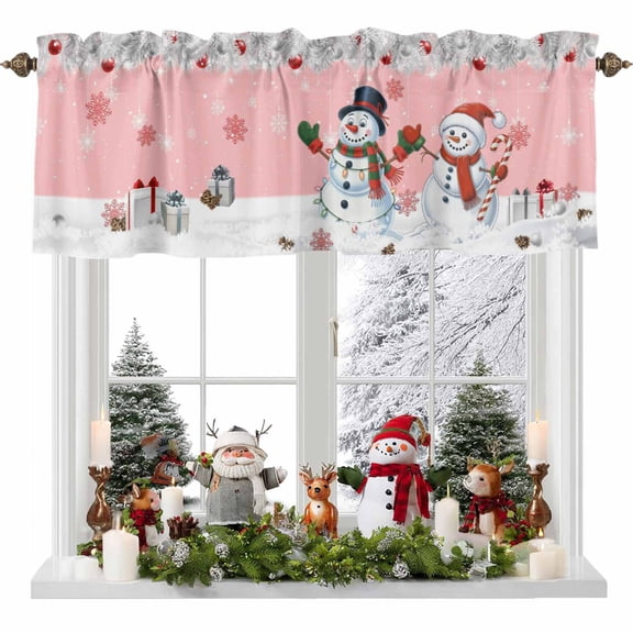 Christmas Valances for Windows, 42 x 18in, Red Snowman White Snow Pine Leaf Xmas Box Pink Rod Pocket Kitchen Valance Curtain Light Filtering Window Treatments for Living Room Bedroom, 1 Panel