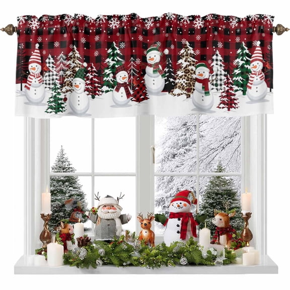 Christmas Valances for Windows, 42 x 18in, Snowman Checked Xmas Tree Snowflake Red Black Plaid Rod Pocket Kitchen Valance Curtain Light Filtering Window Treatments for Living Room Bedroom, 1 Panel