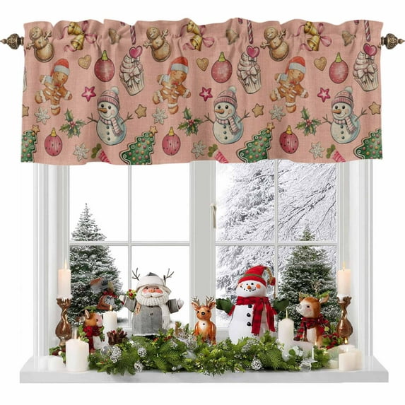 Christmas Valances for Windows, 42 x 18in, Snowman Gingerbread Man Xmas Tree Candy Coral Pink Rod Pocket Kitchen Valance Curtain Light Filtering Window Treatments for Living Room Bedroom, 1 Panel