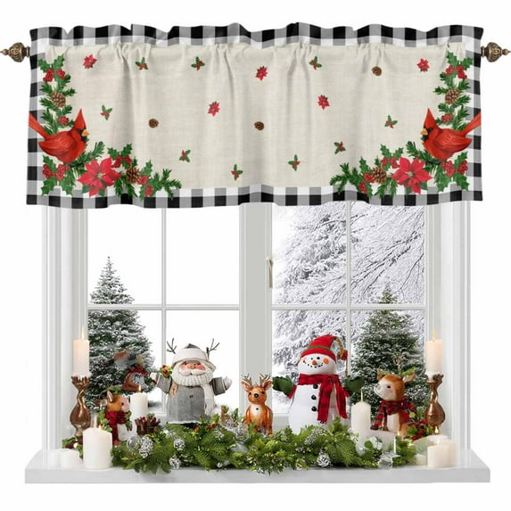 Christmas Valances for Windows, 54 x 18in, Cardinal Pine Leaf Berry Floral Linen Black Plaid Rod Pocket Kitchen Valance Curtain Light Filtering Window Treatments for Living Room Bedroom, 1 Panel