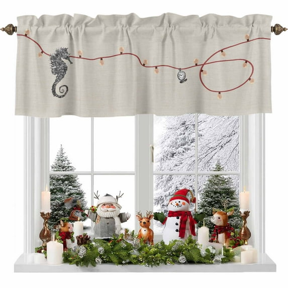 Christmas Valances for Windows, 54 x 18in, Seahorses Watches Retro Lines Xmas Rod Pocket Kitchen Valance Curtain Light Filtering Window Treatments for Living Room Bedroom, 1 Panel