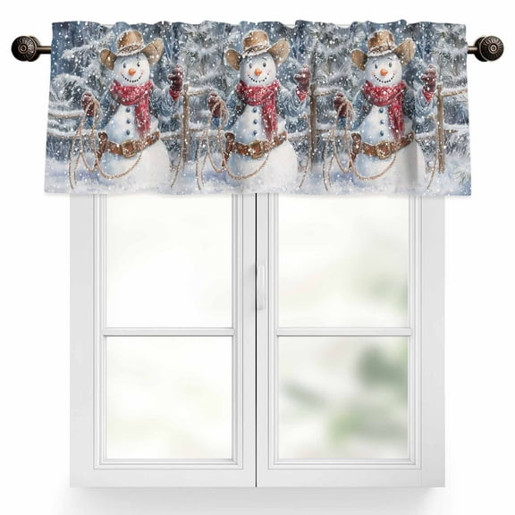 Christmas Valances for Windows, 54 x 18in, Western Cowboy Snowman Xmas Tree Blue Snow Scene Rod Pocket Kitchen Valance Curtain Light Filtering Window Treatments for Living Room Bedroom, 1 Panel