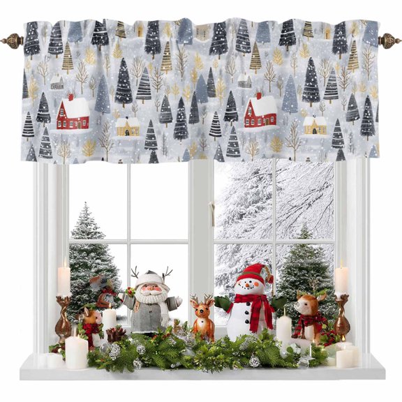 Christmas Valances for Windows, 54 x 18in, Winter Abstract Christmas Tree House Snow Blue Rod Pocket Kitchen Valance Curtain Light Filtering Window Treatments for Living Room Bedroom, 1 Panel