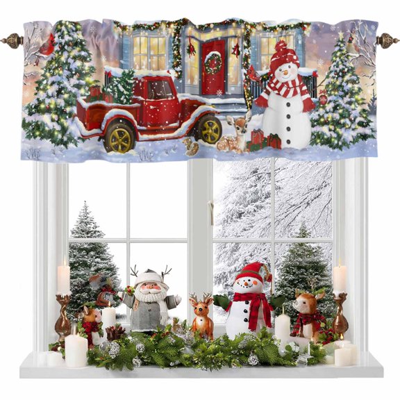 Christmas Valances for Windows, 54 x 18in, Winter Snowman Truck Bird Pine Tree House Snow Scene Rod Pocket Kitchen Valance Curtain Light Filtering Window Treatments for Living Room Bedroom, 1 Panel