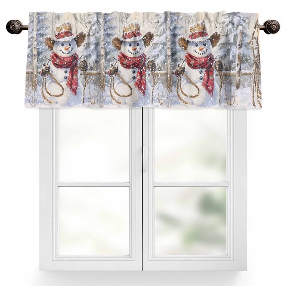 Christmas Valances for Windows, 60 x 18in, Western Cowboy Snowman Christmas Tree Snow Scene Rod Pocket Kitchen Valance Curtain Light Filtering Window Treatments for Living Room Bedroom, 1 Panel