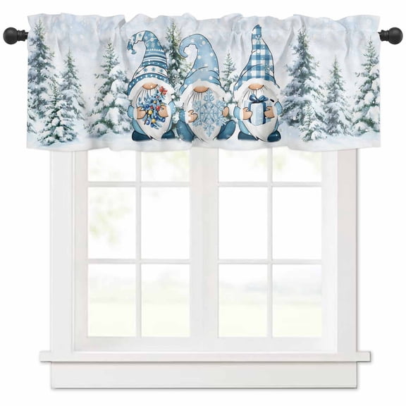 Christmas Valances for Windows, Blue Plaid Xmas Gnome Pine Tree Box Snowflakes Light Filtering Window Treatment Valances, Rod Pocket Small Curtains for Kitchen/Bathroom, 42"x12"