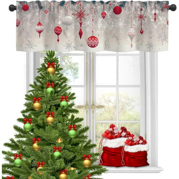 Christmas Valances for Windows,Christmas Tree Red Balls Semi Sheer Valances Windows Curtain, Rod Pocket Short Window Treatment Light Filtering Decor Valances for Kitchen Bedroom - 54"x18"