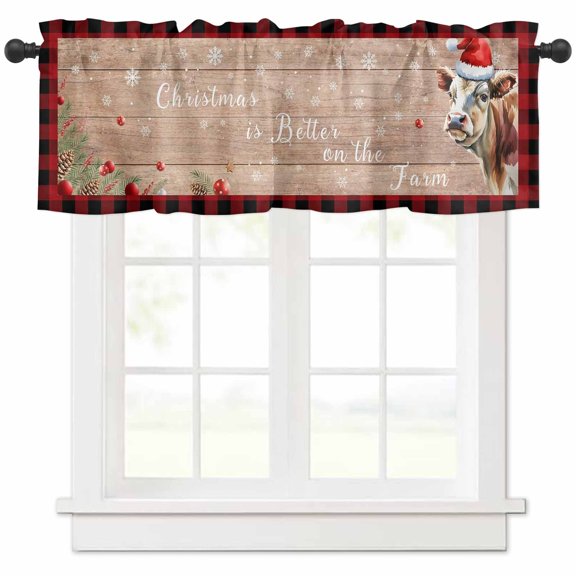 Christmas Valances for Windows, Cow Farmhouse Snowflake Berry Wood Grain Light Filtering Window Treatment Valances, Rod Pocket Small Curtains for Kitchen/Bathroom, 42"x18"