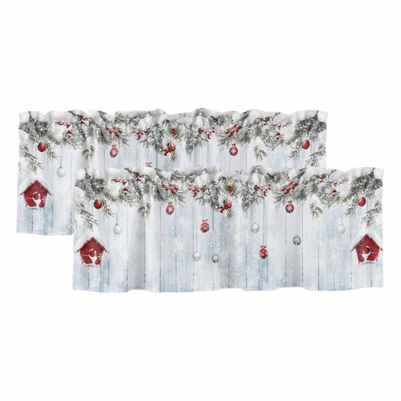 Christmas Valances for Windows, Decorative Rod Pocket Window Valance Curtains, Winter Pine Needle Berry Weeping Balls Wooden Short Curtain Drapes for Kitchen/Living Room, 2 Panels, 42" W x 12" L