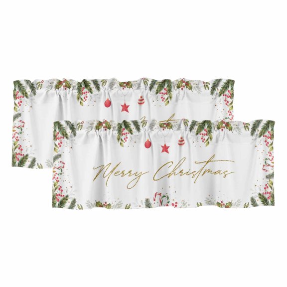 Christmas Valances for Windows, Decorative Rod Pocket Window Valance Curtains, Winter Pine Needle Branches Berry Star Ball Short Curtain Drapes for Kitchen/Living Room, 2 Panels, 42" W x 12" L