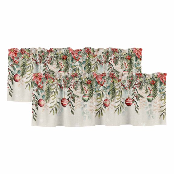 Christmas Valances for Windows, Decorative Rod Pocket Window Valance Curtains, Xmas Balls Poinsettia Winter Flower Berry Beige Short Curtain Drapes for Kitchen/Living Room, 2 Panels, 42" W x 12" L