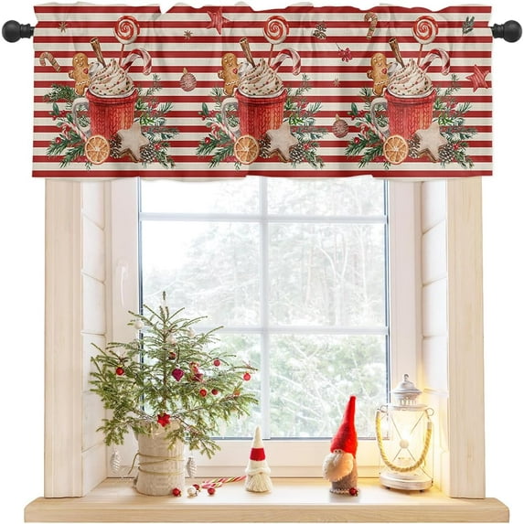 Christmas Valances for Windows Gingerbread Candy Cane Christmas Kitchen Curtain Valances Rod Pocket Xmas Ball Red Stripe Window Curtain Treatment Curtains Seasonal Valance Christmas Decor, 54x18 Inch