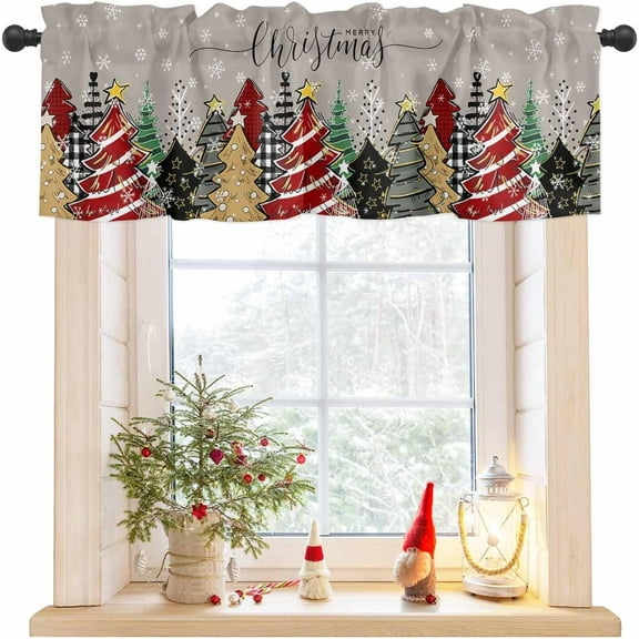 Christmas Valances for Windows Gray Xmas Trees Christmas Kitchen Curtain Valances Star Snowflakes Grey Window Curtain Treatment Short Topper Curtains Seasonal Valance Christmas Decor,54x18 inch