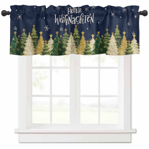 Christmas Valances for Windows, Green Xmas Tree Snow Frohe Weihnachten Navy Blue Light Filtering Window Treatment Valances, Rod Pocket Small Curtains for Kitchen/Bathroom, 60"x14"