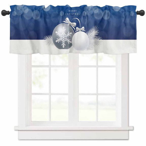 Christmas Valances for Windows, Grey Xmas Ball Snowflake Pine Leaf Blue Background Light Filtering Window Treatment Valances, Rod Pocket Small Curtains for Kitchen/Bathroom, 42"x18"