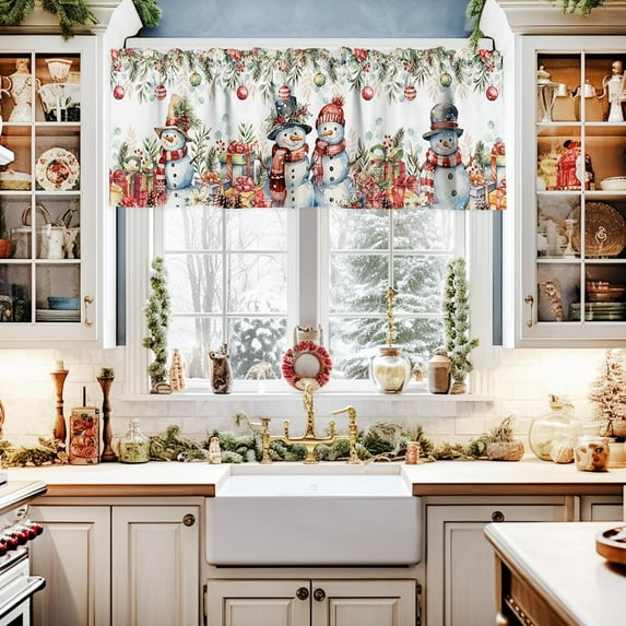 Christmas Valances for Windows, Kitchen Curtains Valances 54x18inch Short Window Curtains for Kitchen/Bathroom/Bedroom, Small Window Valances, Snowman Poinsettia Flower Christmas Ball Farmhouse