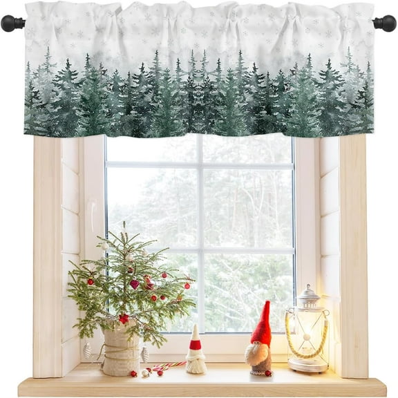 Christmas Valances for Windows Pine Tree Forest Christmas Kitchen Curtain Valances Rod Pocket Snowflake Window Curtain Treatment Short Topper Curtains Seasonal Valance Christmas Decor, 54x18 Inch
