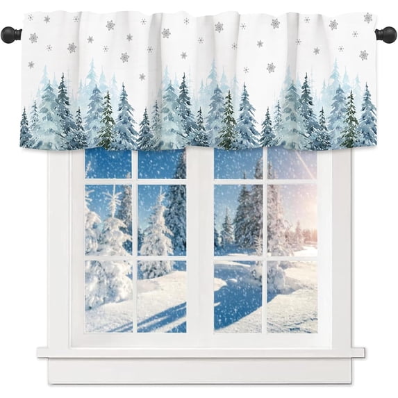 Christmas Valances for Windows Pine Tree Forest Valance Kitchen Curtains with Rod Pocket Snowflake Christmas Window Treatments Short Curtain Panels Decor for Kitchen Bedroom 54" X 18"