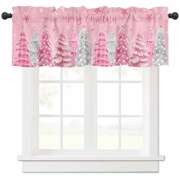 Christmas Valances for Windows, Pink Christmas Tree Light Filtering Window Treatment Valances, Rod Pocket Small Curtains for Kitchen/Bathroom, 56"x16"