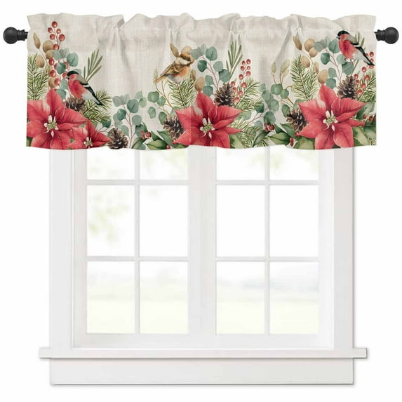 Christmas Valances for Windows, Red Green Poinsettia Floral Leaf Bird Retro Linen Light Filtering Window Treatment Valances, Rod Pocket Small Curtains for Kitchen/Bathroom, 56"x16"