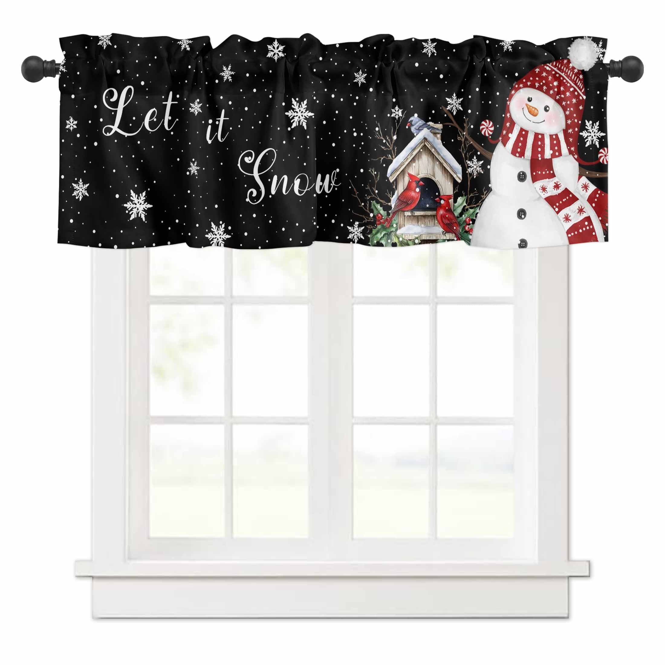 Christmas Hat Valances For Windows Scarf Snowman Rabbit Pine Leaf Snow Wood Grain Rod Pocket Curtain Valance Window Treatment Short Curtains Kitchen Livi