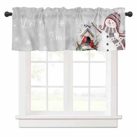 Christmas Valances for Windows Red Hat Snowman Xmas Cardinal Bird House Grey Rod Pocket Curtain Valance Window Treatment Short Curtains for Kitchen Living Room, 42"x12"