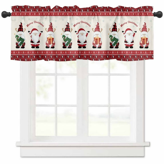 Christmas Valances for Windows, Red Santa Claus Xmas Gnome Snowflakes Beige Light Filtering Window Treatment Valances, Rod Pocket Small Curtains for Kitchen/Bathroom, 60"x14"