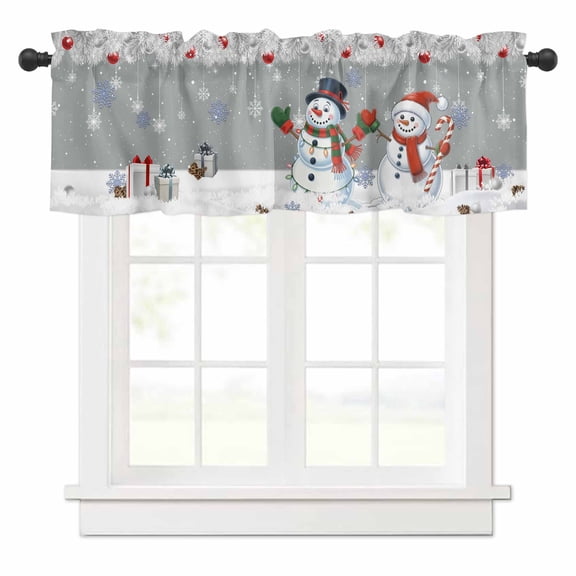 Christmas Valances for Windows Red Snowman White Snow Pine Leaf Xmas Box Grey Rod Pocket Curtain Valance Window Treatment Short Curtains for Kitchen Living Room, 54"x18"