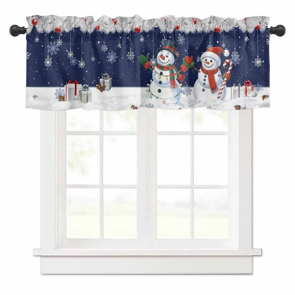 Christmas Valances for Windows Red Snowman White Snow Pine Leaf Xmas Box Navy Blue Rod Pocket Curtain Valance Window Treatment Short Curtains for Kitchen Living Room, 42"x12"
