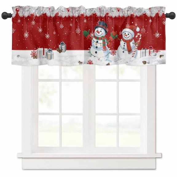 Christmas Valances for Windows, Red Snowman White Snowflakes Pine Leaf Xmas Box Light Filtering Window Treatment Valances, Rod Pocket Small Curtains for Kitchen/Bathroom, 56"x16"