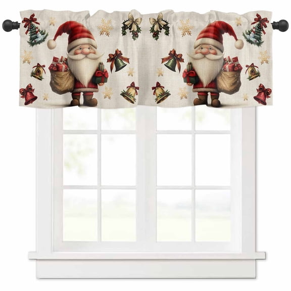 Christmas Valances for Windows, Santa Claus Winter Xmas Bell Snowflake Retro Linen Light Filtering Window Treatment Valances, Rod Pocket Small Curtains for Kitchen/Bathroom, 60"x14"