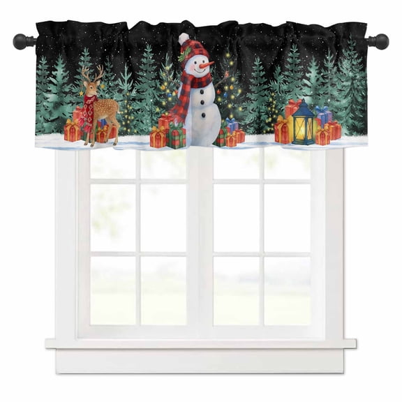 Christmas Valances for Windows Scarf Snowman Deer Xmas Box Pine Trees Snowing Black Rod Pocket Curtain Valance Window Treatment Short Curtains for Kitchen Living Room, 42"x12"