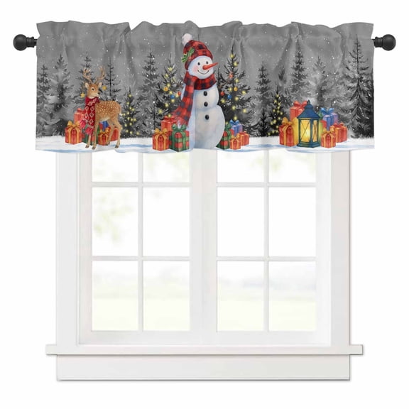 Christmas Valances for Windows Scarf Snowman Deer Xmas Box Pine Trees Snowing Grey Rod Pocket Curtain Valance Window Treatment Short Curtains for Kitchen Living Room, 42"x12"
