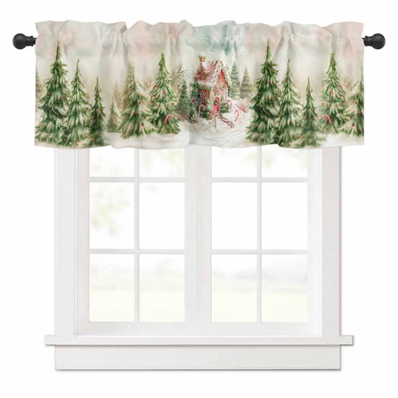 Christmas Valances for Windows Snow Evergreen Candy House and Candy Cane Rod Pocket Curtain Valance Window Treatment Short Curtains for Kitchen Living Room, 42"x12"