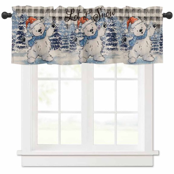 Christmas Valances for Windows, Snowflakes Bear Snowing Black and White Plaid Light Filtering Window Treatment Valances, Rod Pocket Small Curtains for Kitchen/Bathroom, 56"x16"
