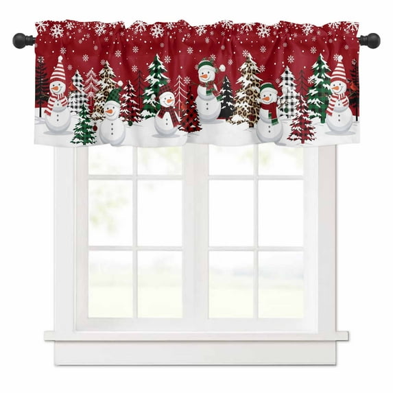 Christmas Valances for Windows Snowman Checked Xmas Tree Snowflake Red Rod Pocket Curtain Valance Window Treatment Short Curtains for Kitchen Living Room, 42"x12"