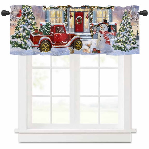 Christmas Valances for Windows, Snowman Truck Bird Pine Tree House Winter Snow Scene Light Filtering Window Treatment Valances, Rod Pocket Small Curtains for Kitchen/Bathroom, 60"x14"