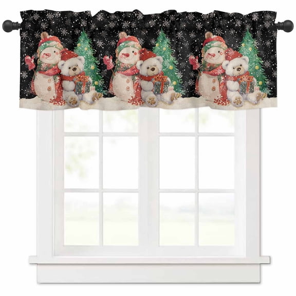 Christmas Valances for Windows, Vintage Snowman Bear Snowflakes Evergreen Black Light Filtering Window Treatment Valances, Rod Pocket Small Curtains for Kitchen/Bathroom, 42"x18"